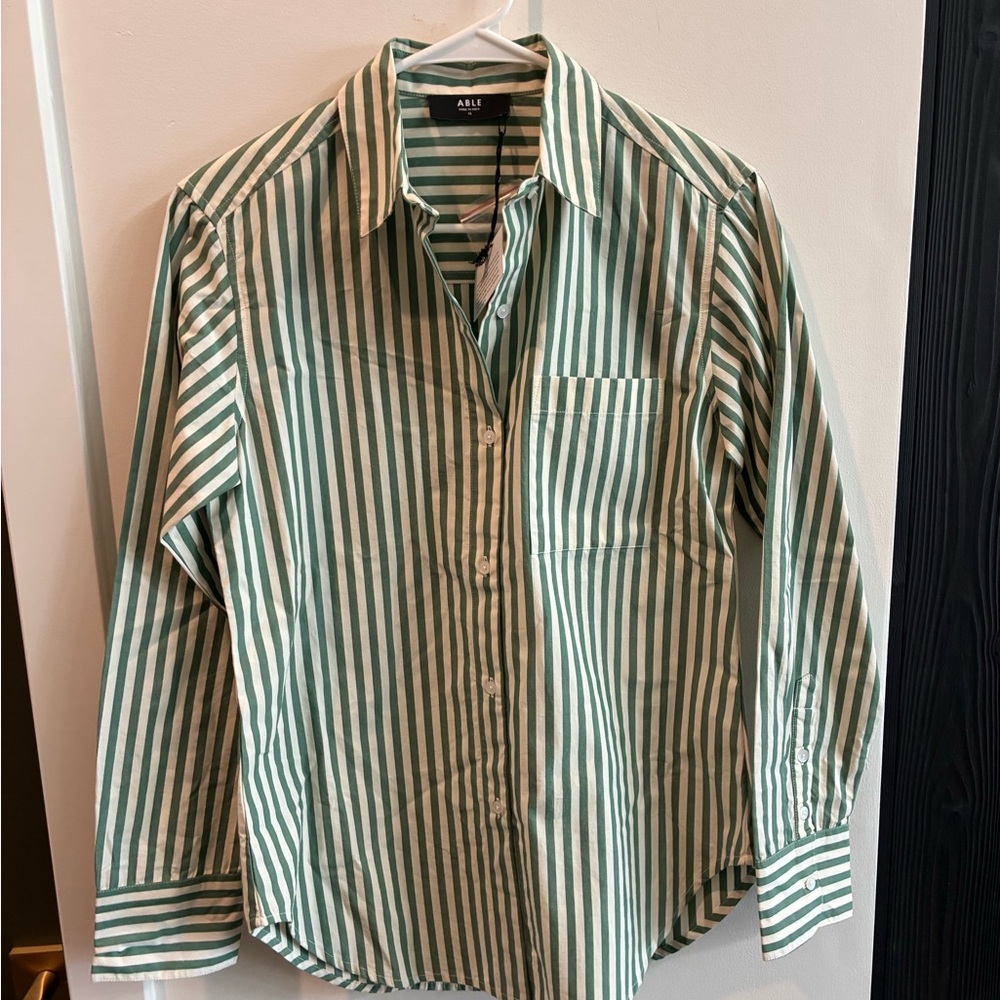 NWT • ABLE • Green Striped Button Down • size XS